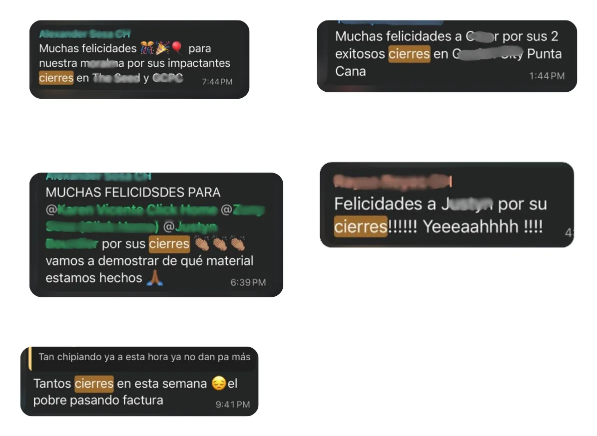 Sales team messages celebrating closings in Punta Cana
