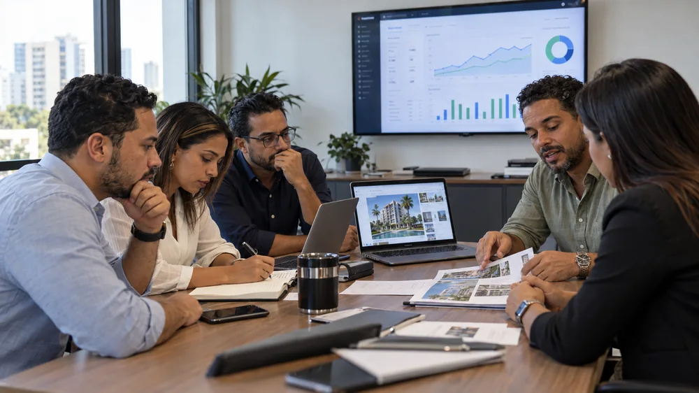 Strategy meeting with performance dashboards